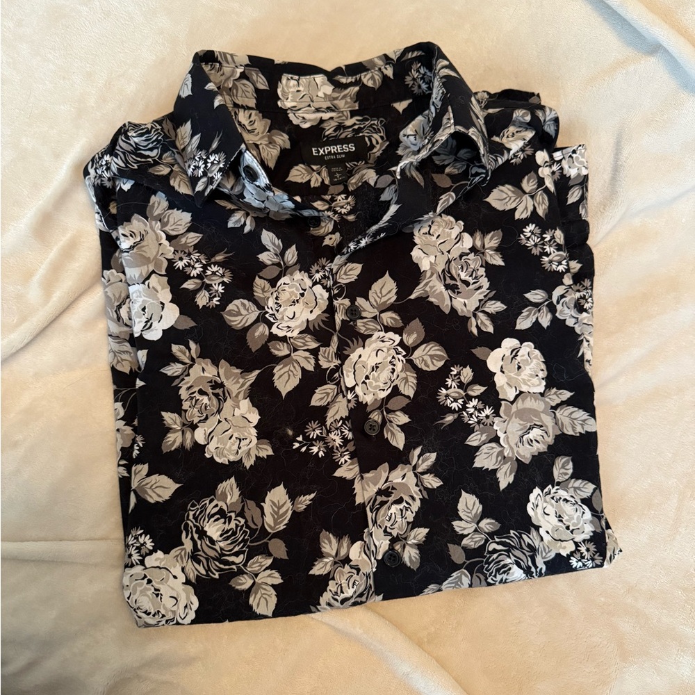 Express Men’s Large Black and White Floral Dress Shirt